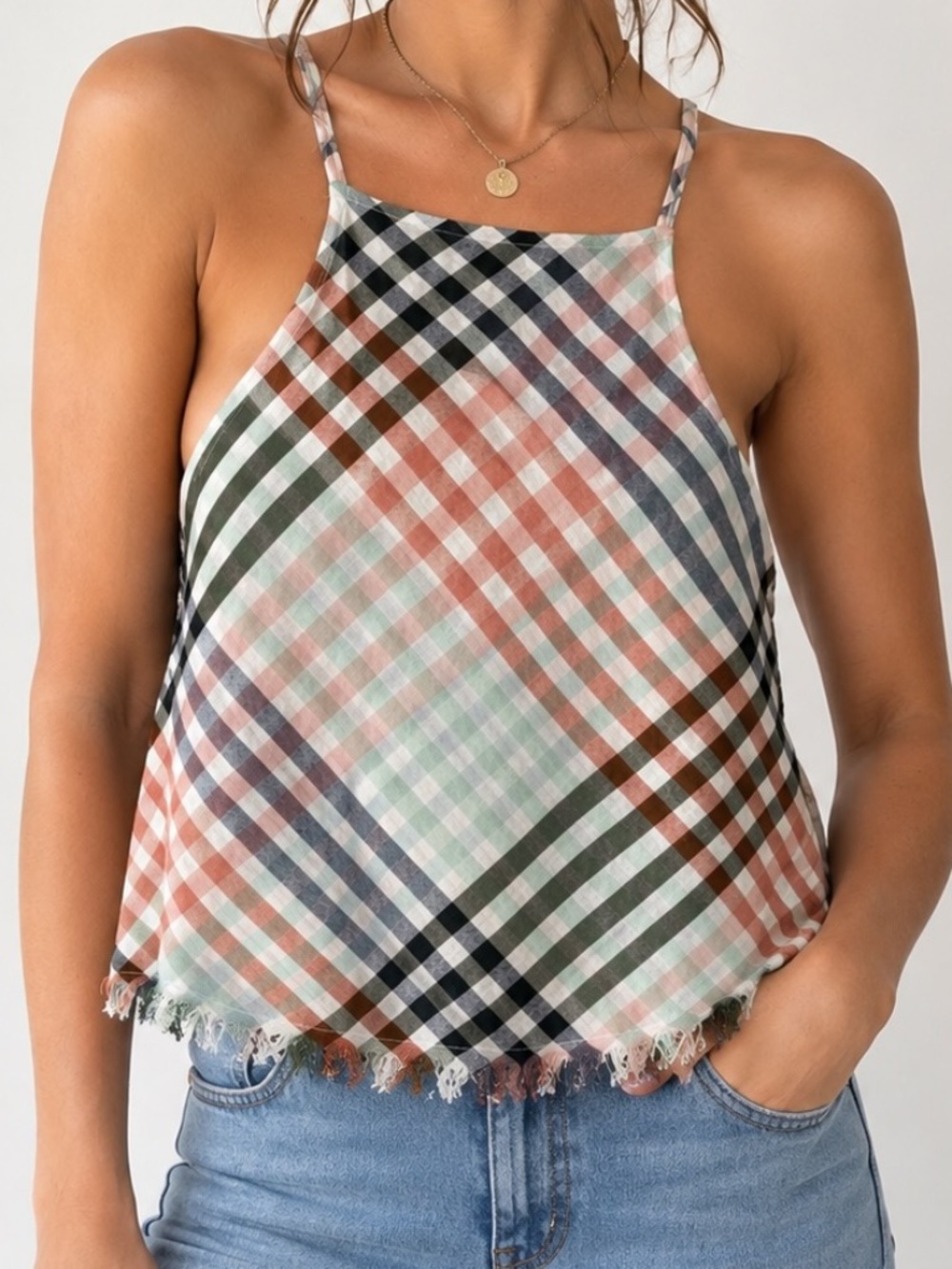 American Eagle Outfitters Top Womens Size XS Plaid Halter Neck Cowgirl Boho
